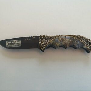 Decorative Bear Folding Pocket Knife - Black and Gold 3.5” blade